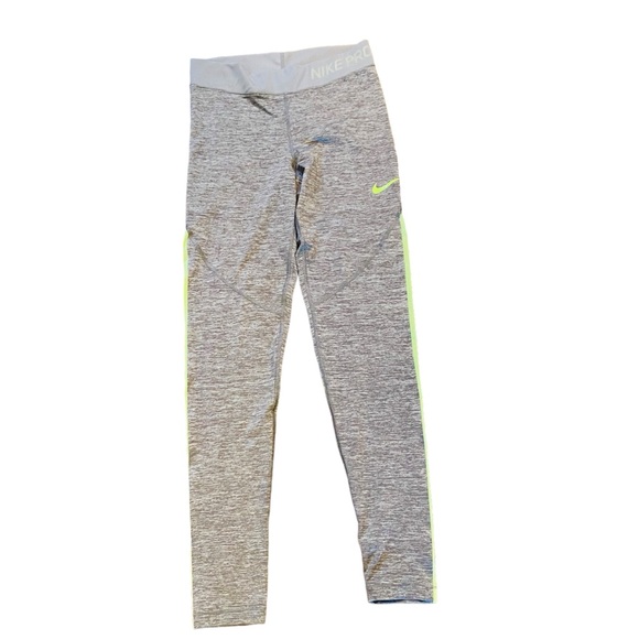 NIKE Hypercool Gray Neon Yellow Nike Pro Athletic Leggings Running Pants - Picture 1 of 6